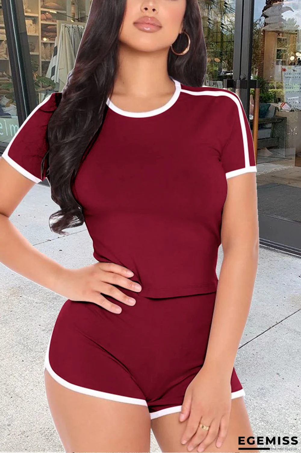 Wine Red Fashion Casual Stitching Short Sleeve Shorts Set | EGEMISS