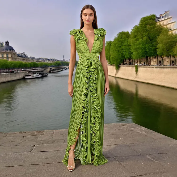 Elegant & Sexy V-Neck Ruffled Backless Maxi Split Dress