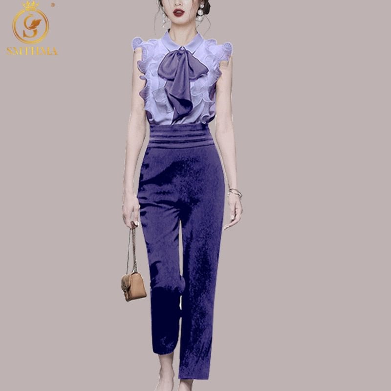 Purple Fashion Temperament Pants Suits Female 2022 Summer New Two-Piece Set Womens Outfits Casual Ruffle Clothing Femme Mujer