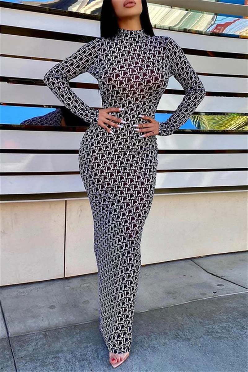 Fashion Sexy Print Frenulum Backless Turtleneck Long Sleeve Dresses