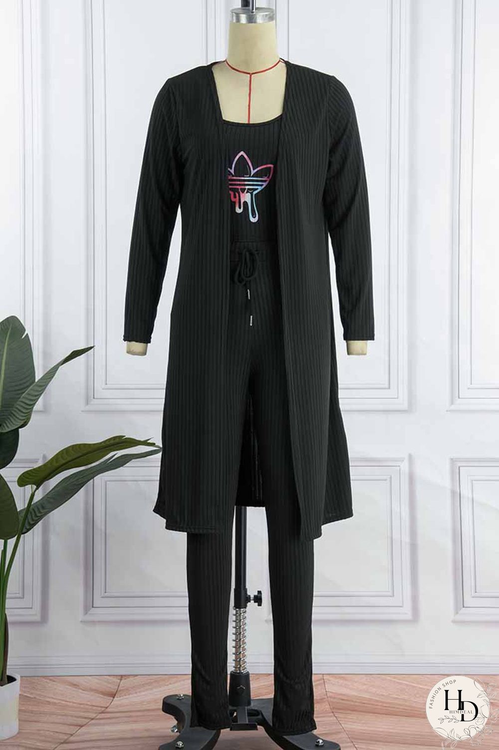 Black Casual Print Patchwork Long Sleeve Three Pieces