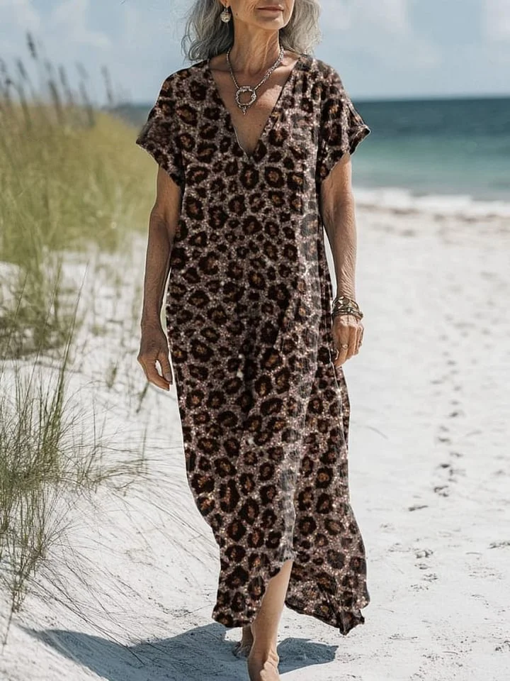 Glitter Leopard Print Pattern Printed Women's Pocket Cotton Dress