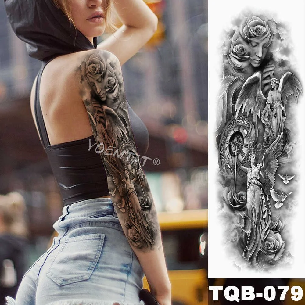 Sdrawing Arm Sleeve Tattoo Lion Crown King Rose Waterproof Temporary Tattoo Sticker Wild Wolf Tiger Men Full Skull Totem Tattoo