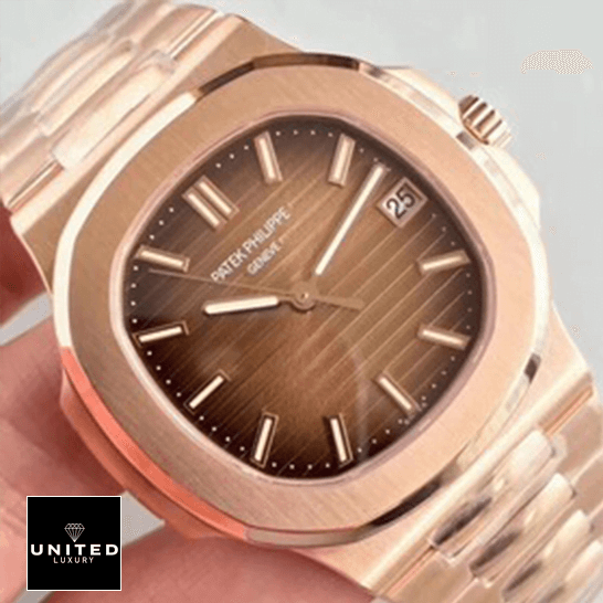 Patek Philippe Nautilus 57111R-001 Rose Gold Bezel Replica on the hand