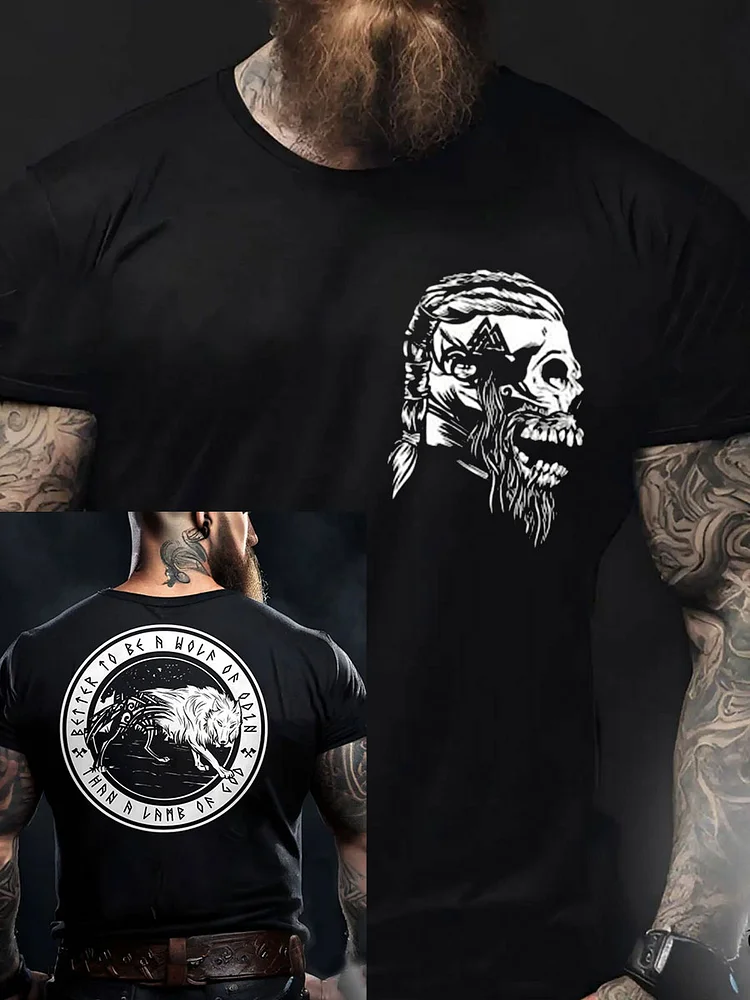 Herren Viking Style Odin & Wolf Bedrucktes T- Shirt