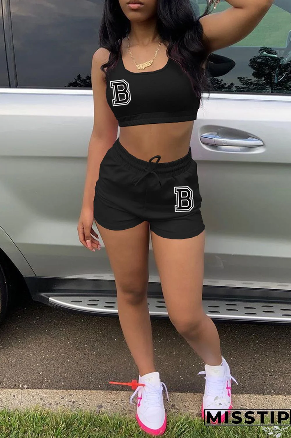 Pink Fashion Casual Letter Print Basic U Neck Sleeveless Two Pieces