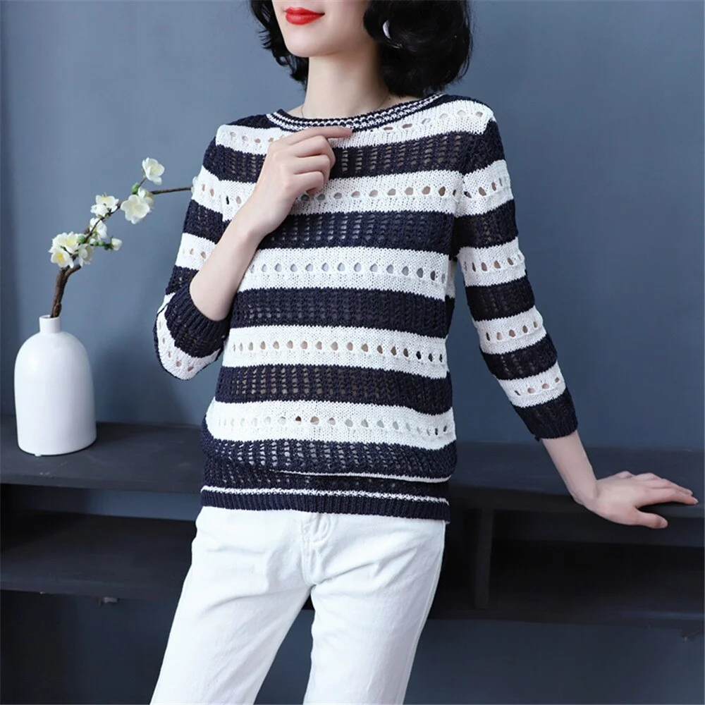 White-Blue Hollow Out Sweater Women Casual Knit Base Sweater Long Sleeve O Neck Fashion Loose Elegant Slim Sweater Female Tops