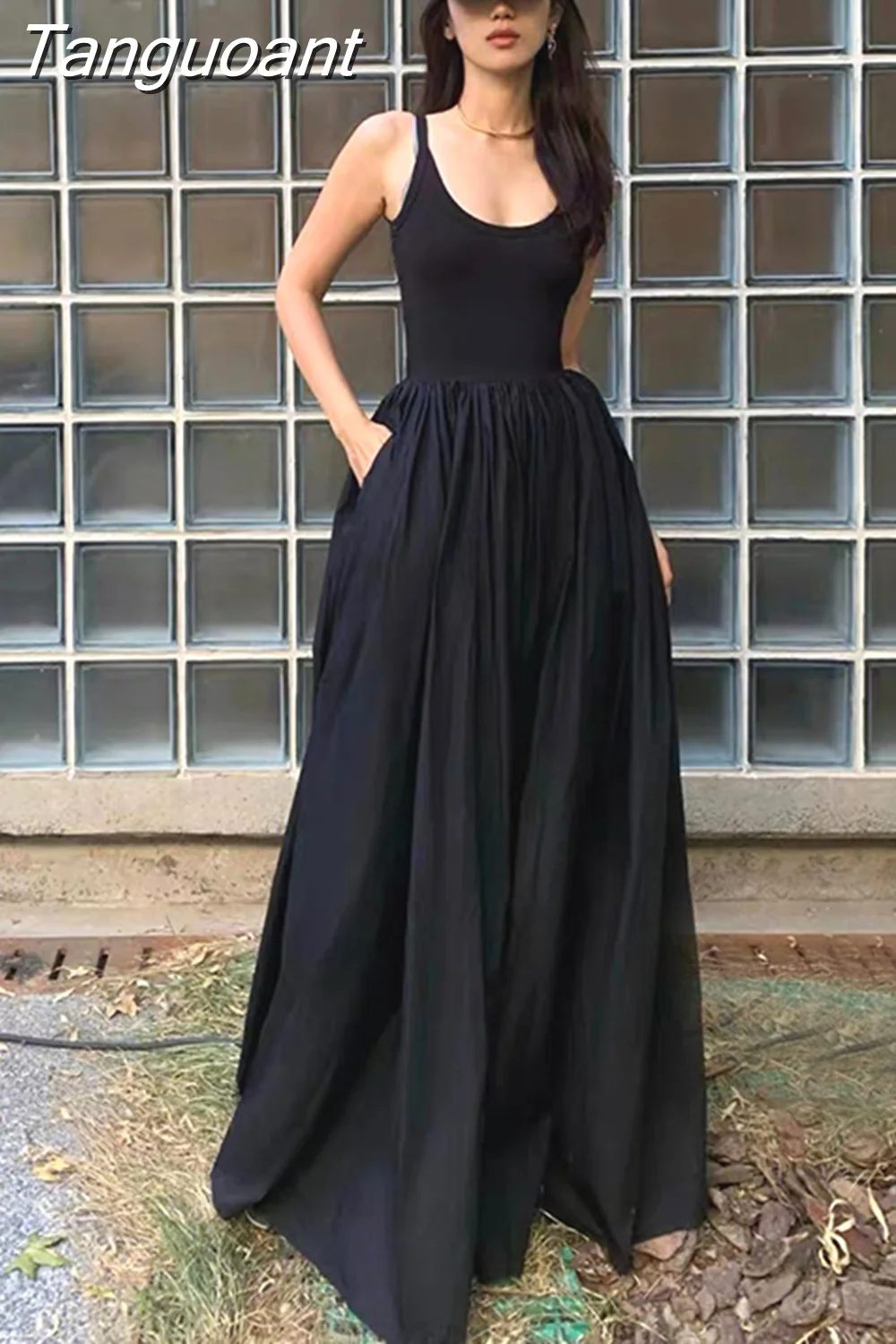 Tanguoant Hepburn Style High Waist Sleeveless Midi Dress Women Summer Slim A Line Camis Dress Gothic Black Pleated Party Night Dress