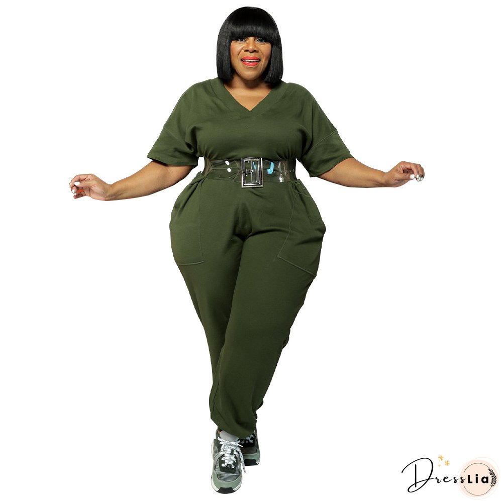 Spring Plus Size Women's Solid Short Sleeve V-Neck Jumpsuit