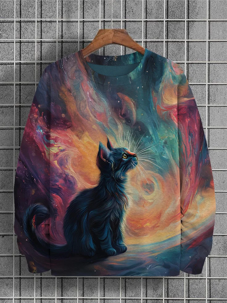 Men's Fantasy Space Cat Fluid Print Casual Sweatshirt