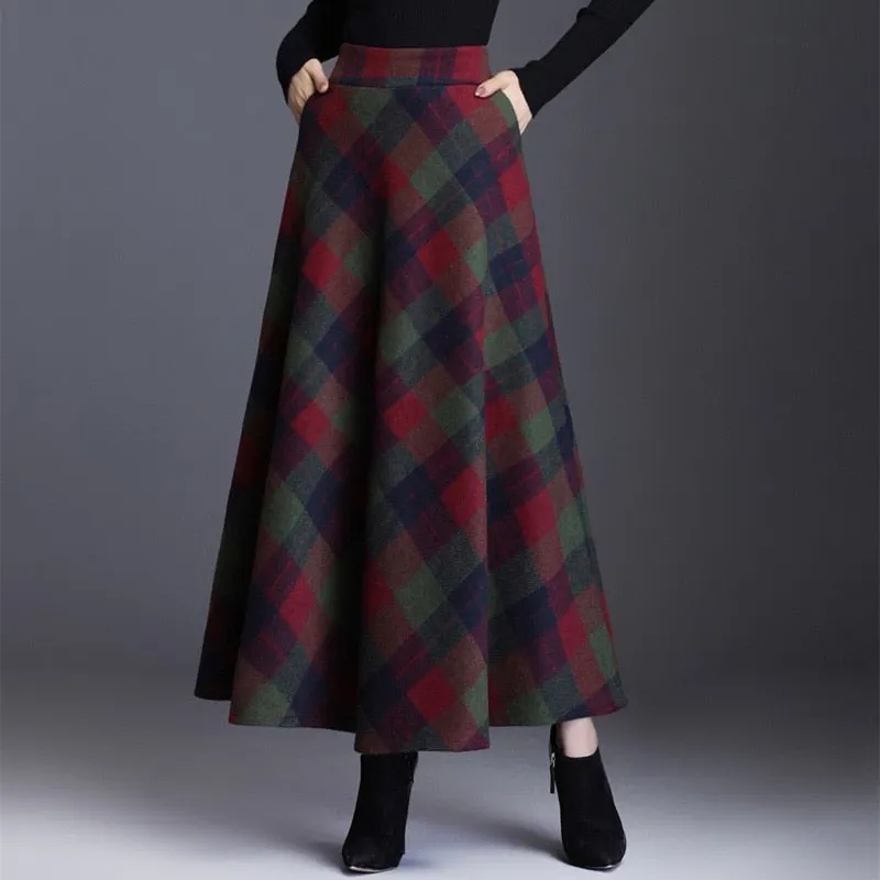 High Waist Woolen Skirts Women Winter 2019 Fashion Streewear Wool Long Pleated Skirt Casual Ladies Saia Longa Plaid Female Skirt