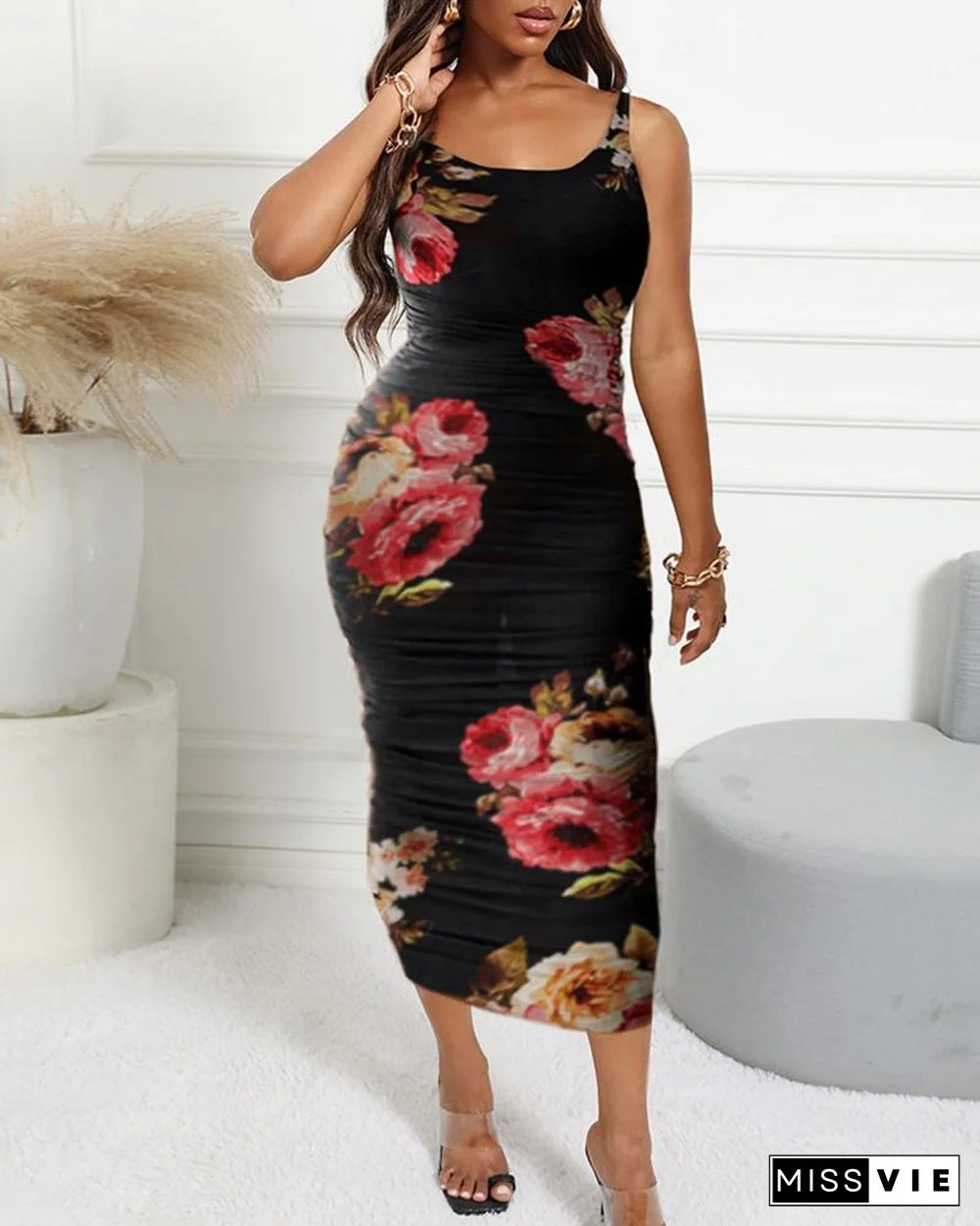 Floral Print Sleeveless Top & Ruche Skirt Sets