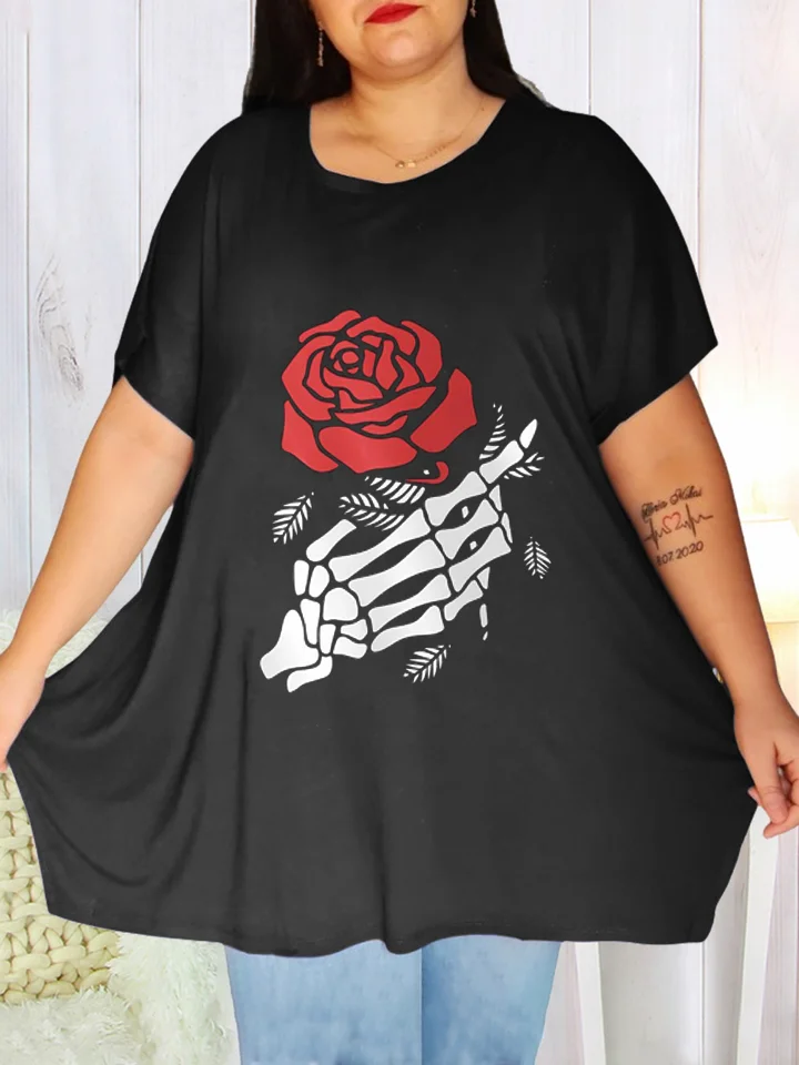 Crew Neck Rose Print Women's T-Shirt