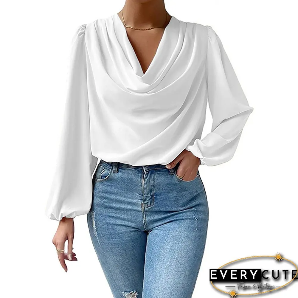 White Drape Pleated V Neck Long Sleeve Top