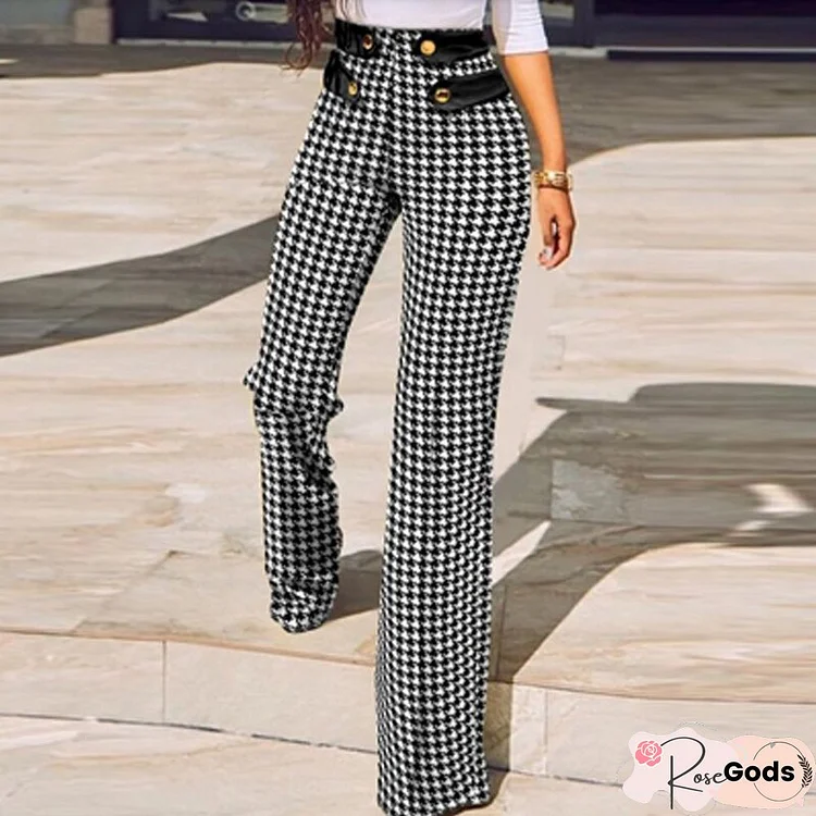 Women New Autumn Slim Bodycon Trousers Spring High Waist Buttoned Office Suit Pants Houndstooth Plaid Print Straight Pants