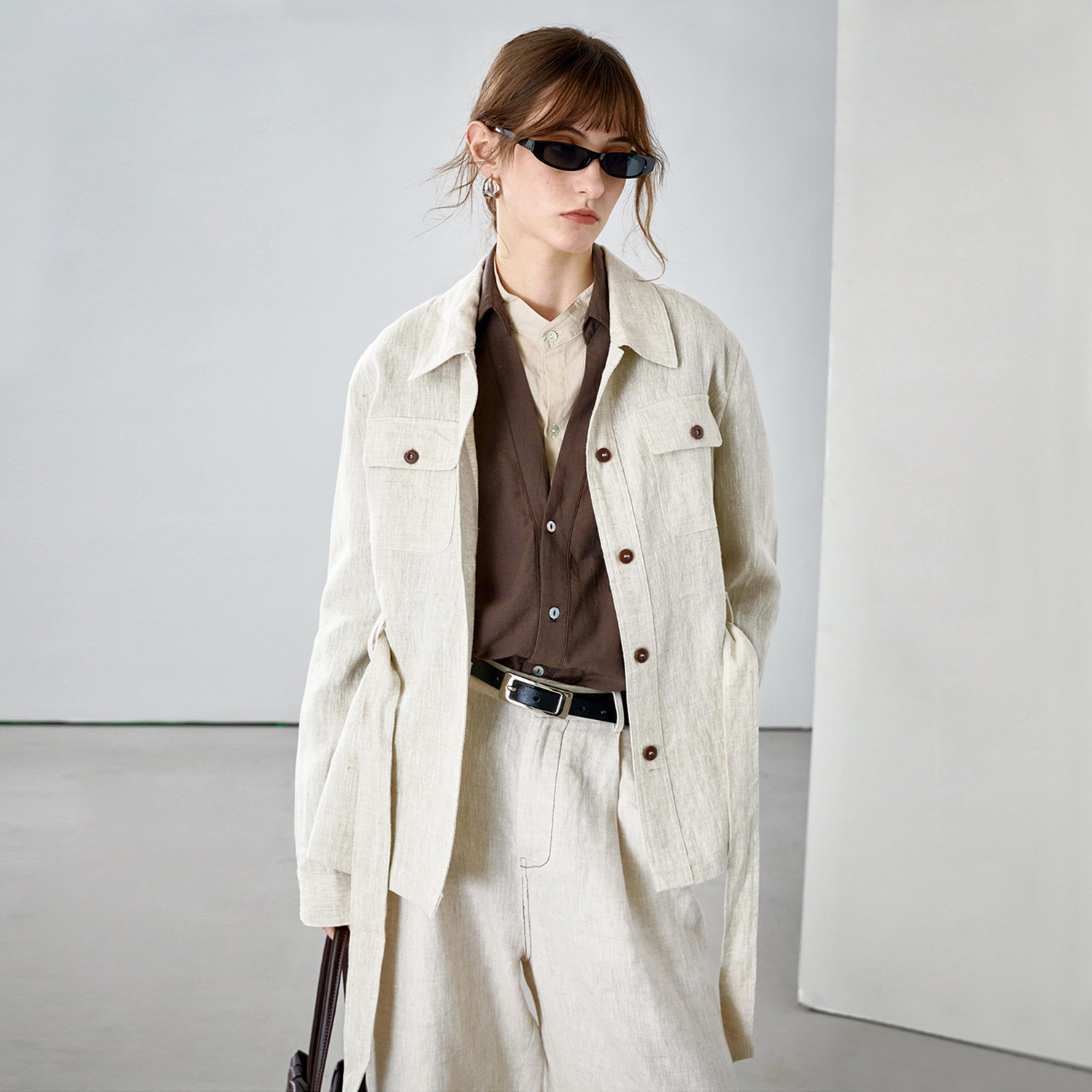 Women's Linen Jacket Relaxed Fit Tie-Waist Belt REAL SILK LIFE