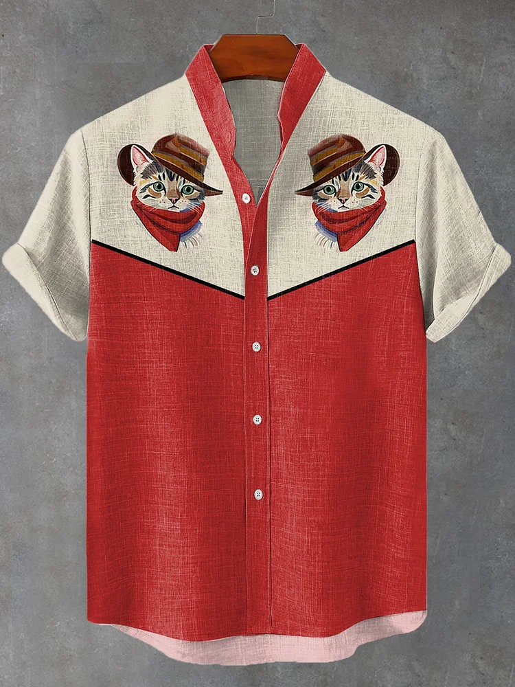 Men's Retro Fun Cowboy Cat Contrast Color Print Linen Blend Shirt