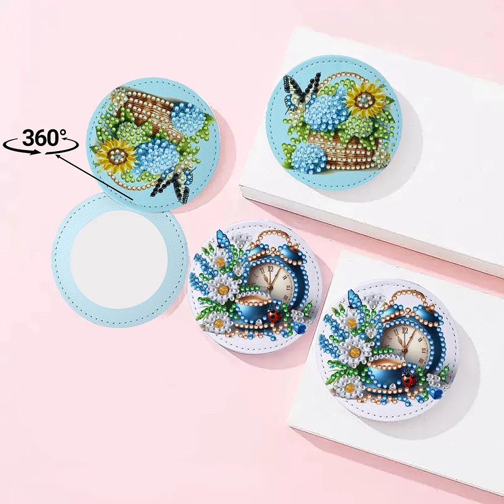 DIY Diamond Art Portable Cosmetic Mirror Round Diamond Painting Crafts (Coffee)