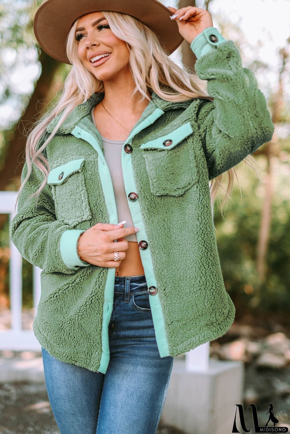 MidiSono - Flap Pocket Button Up Fleece Jacket