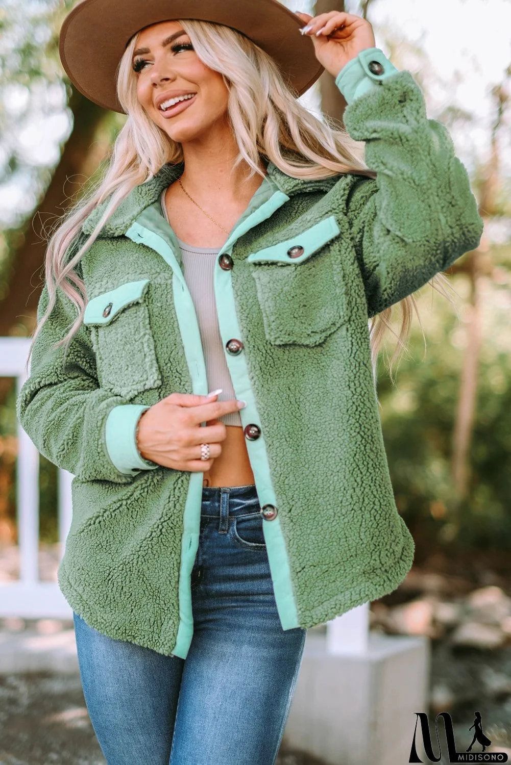 MidiSono - Flap Pocket Button Up Fleece Jacket