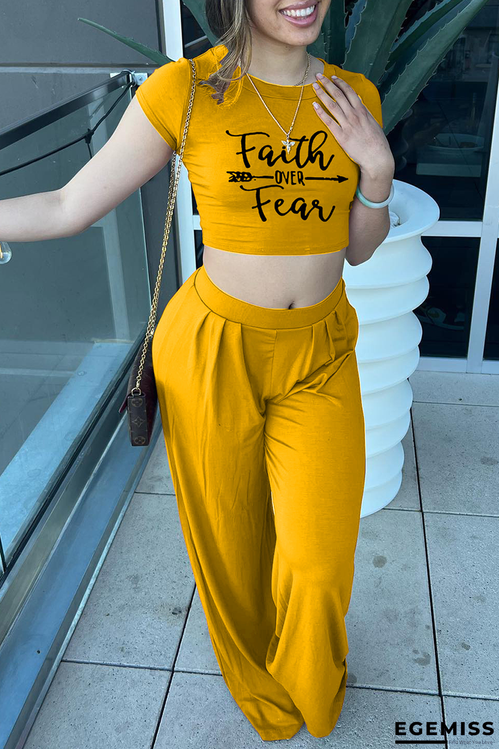 Yellow Casual Print Patchwork O Neck Short Sleeve Two Pieces | EGEMISS