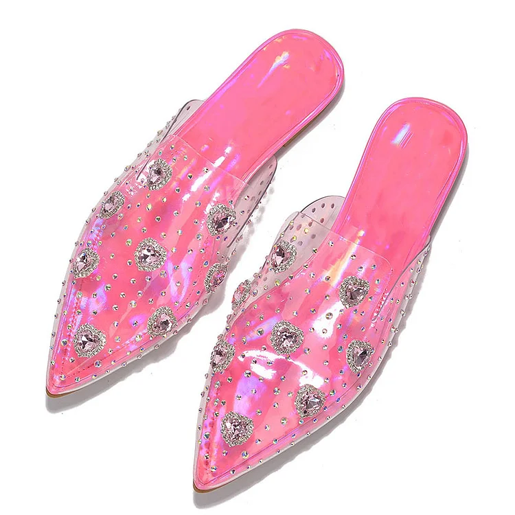 Elegant Rhinestone Pointy Toe Flat Mules with Clear Studs Vdcoo