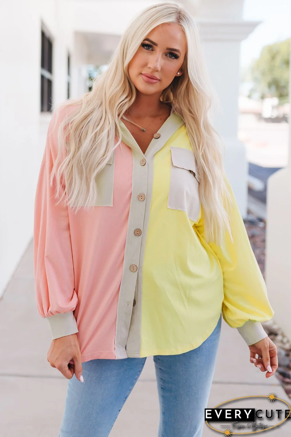 Multicolor Color Block Pocketed Button Down Shirt Jacket with Hood