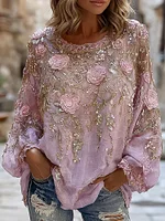 Women's Vintage Pink Flower Embroidery Art Round Neck Long Sleeve T-shirt
