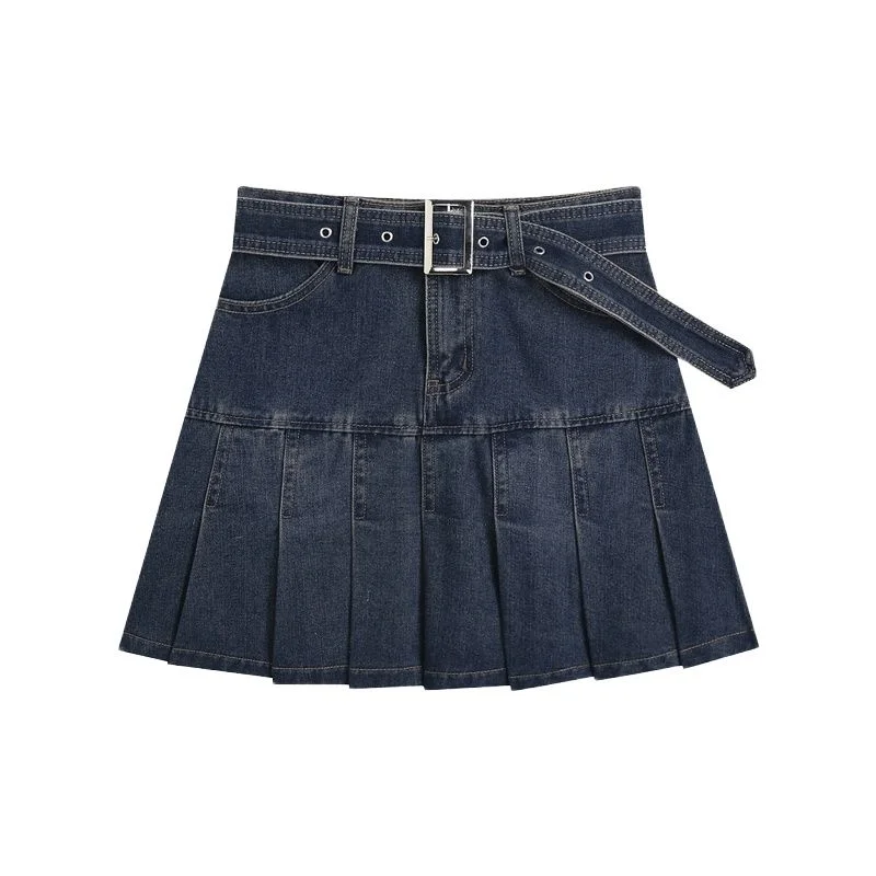 Women&#39;s Half Body Skirt Denim Belt A Word Pleated High Waist Casual Vintage Fashion Short Skirt Baggy Plus Size Ladies Summer