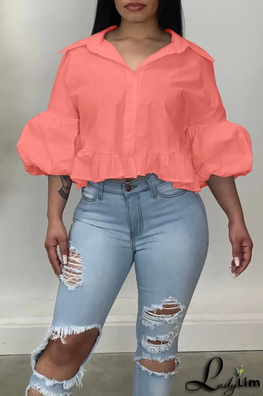 White Casual Solid Split Joint Buckle Turndown Collar Tops