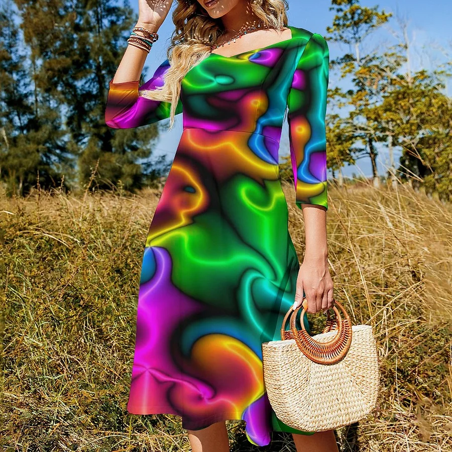 SFNEEWHO Bright Neon Colors Pattern Dress Sweetheart Tie Back Flared 3/4 Sleeve Midi Dresses SFNEEWHO Bright Neon Colors Pattern Dress Sweetheart Tie Back Flared 3/4 Sleeve Midi Dresses