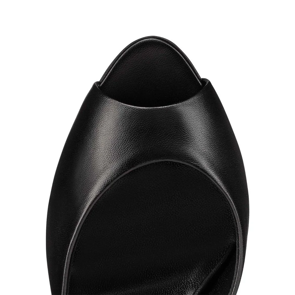 Classic Black Vegan Leather Peep Toe Kitten Heel Mules Shoes