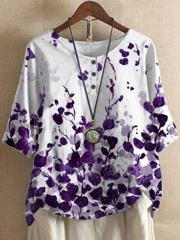 Vintage Print Loose Casual Button Elegant Half Sleeve O Neck Blouses