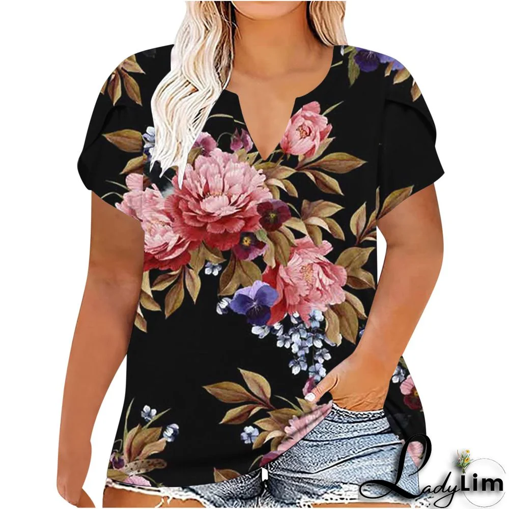 V-Neck Plus Size Ladies Short Sleeve T-Shirt Printed Top