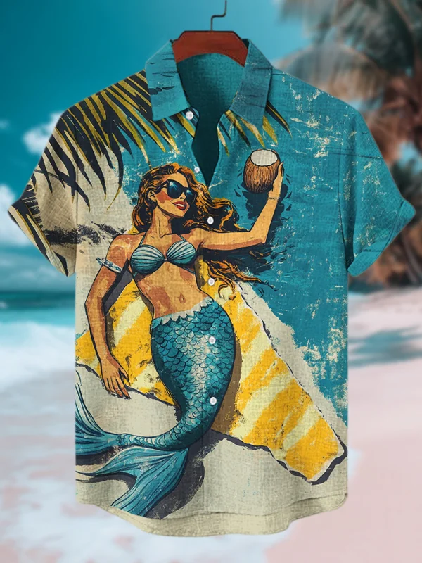 Men's The Mermaid Basked On The Beach Print Short Sleeve Shirt