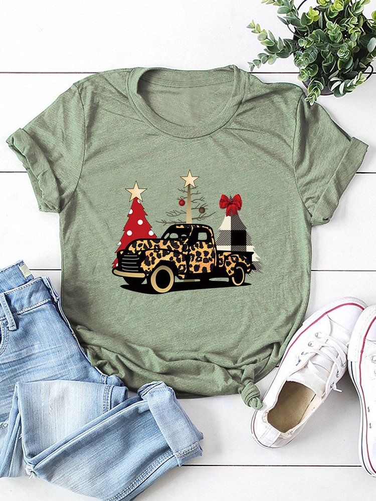 Bestdealfriday Christmas Leopard Truck Plaid Christmas Tree Printed Round Neck Casual Short Sleeve T-Shirt