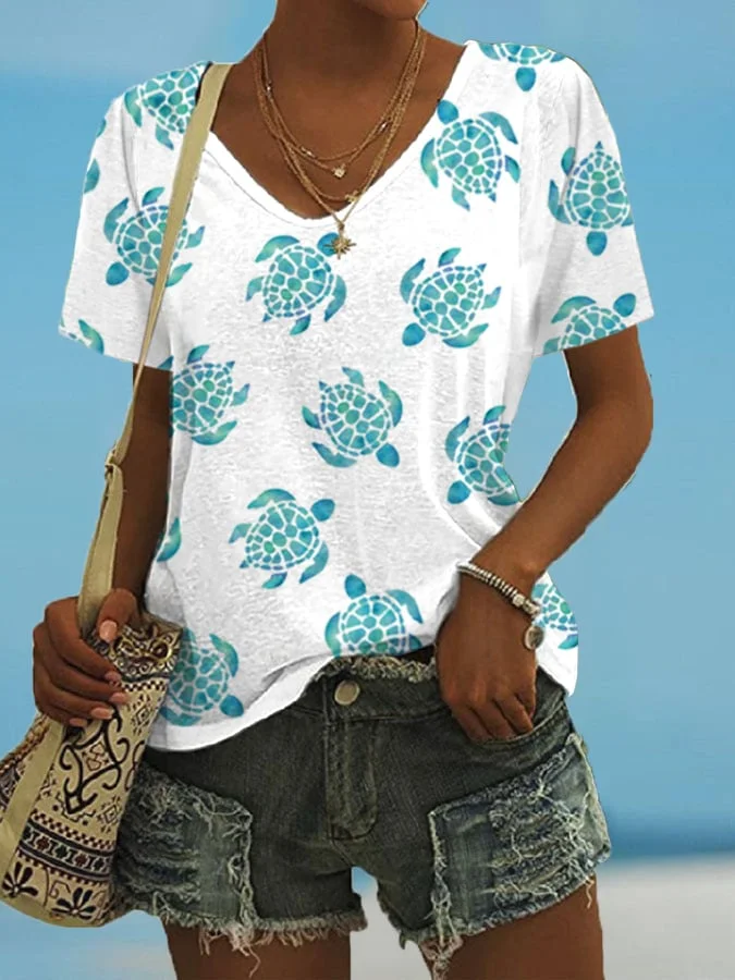 🔥Buy 3 Get 10% Off🔥Women's Cut Sea Turtle Print Casual T-Shirt