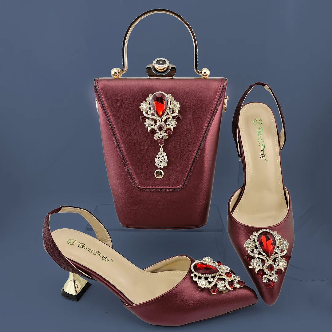Latest Fashionable Wine Color Noble and Elegant Ladies Shoes and Bag Set Decorated With Heart-Shaped Rhinestone