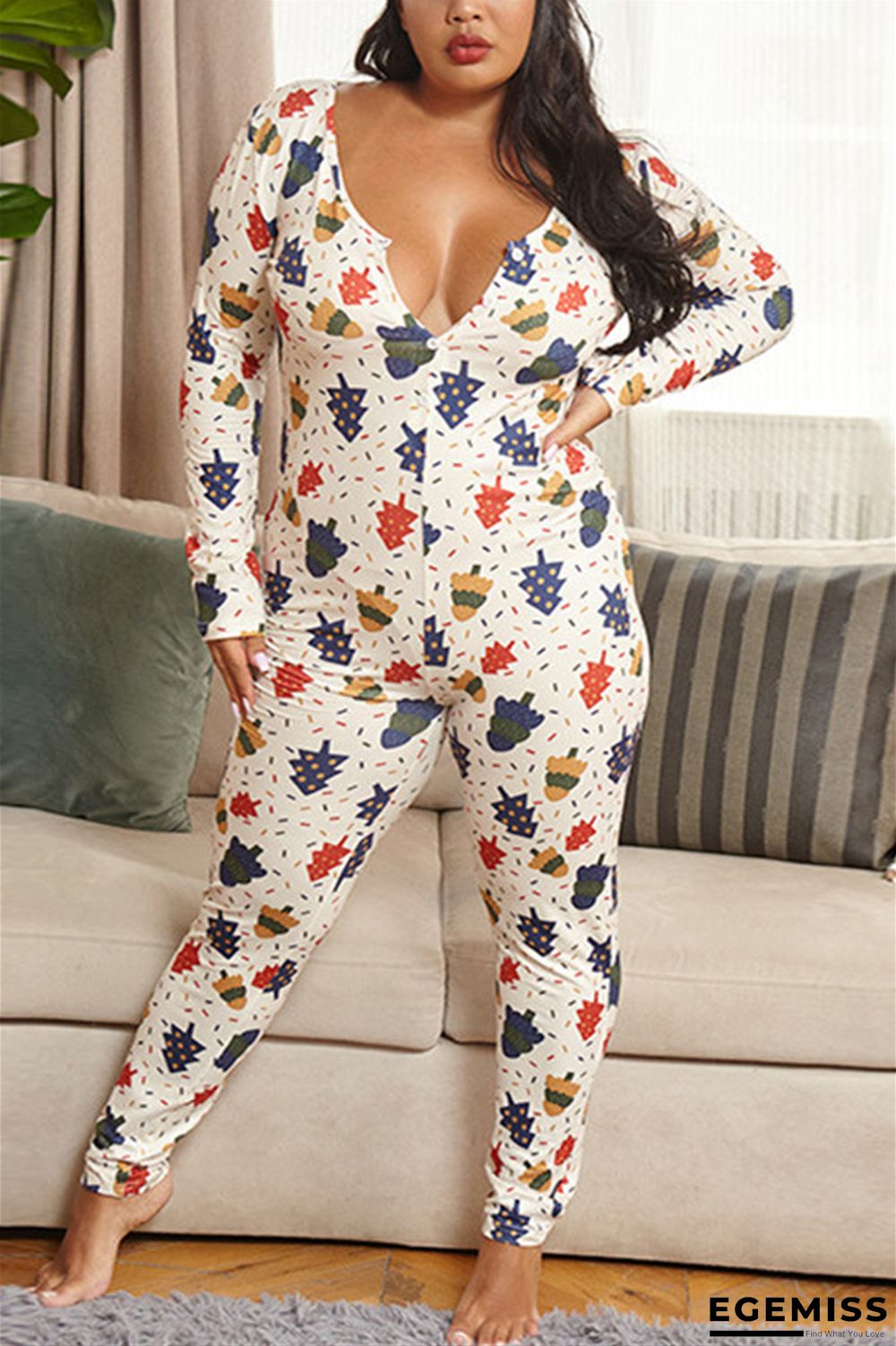 White Sexy Living Knitting Character Print Buttons V Neck Plus Size | EGEMISS