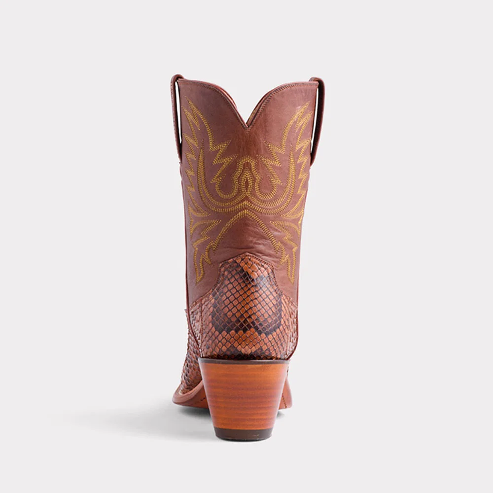 Brown Python-Embossed Stacked Heel Embroidered Cowboy Boots for Women