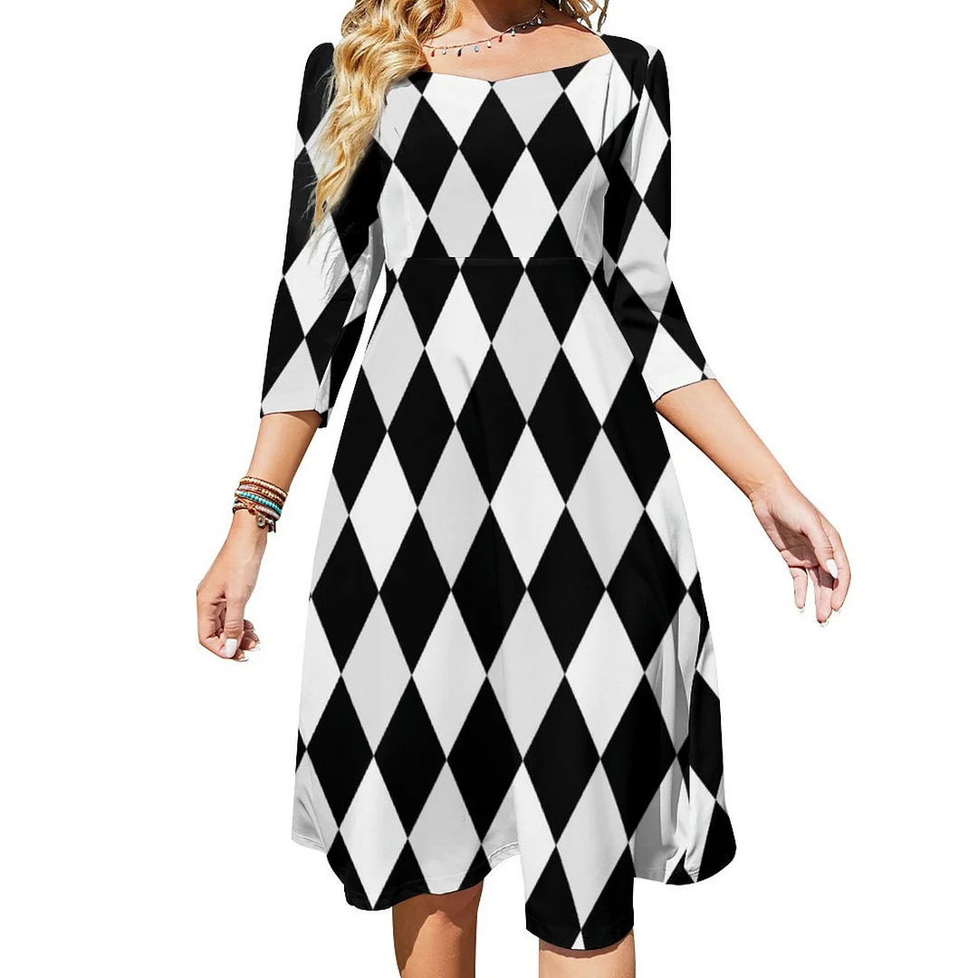 Black And White Harlequin Diamond Pattern Dress Sweetheart Tie Back Flared 3/4 Sleeve Midi Dresses