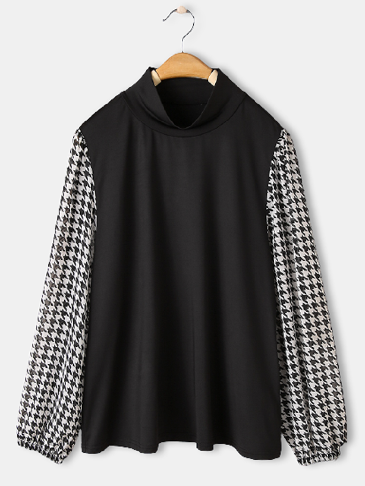 Houndstooth Print Patchwork Long Sleeve Casual Blouse For Women P1770248