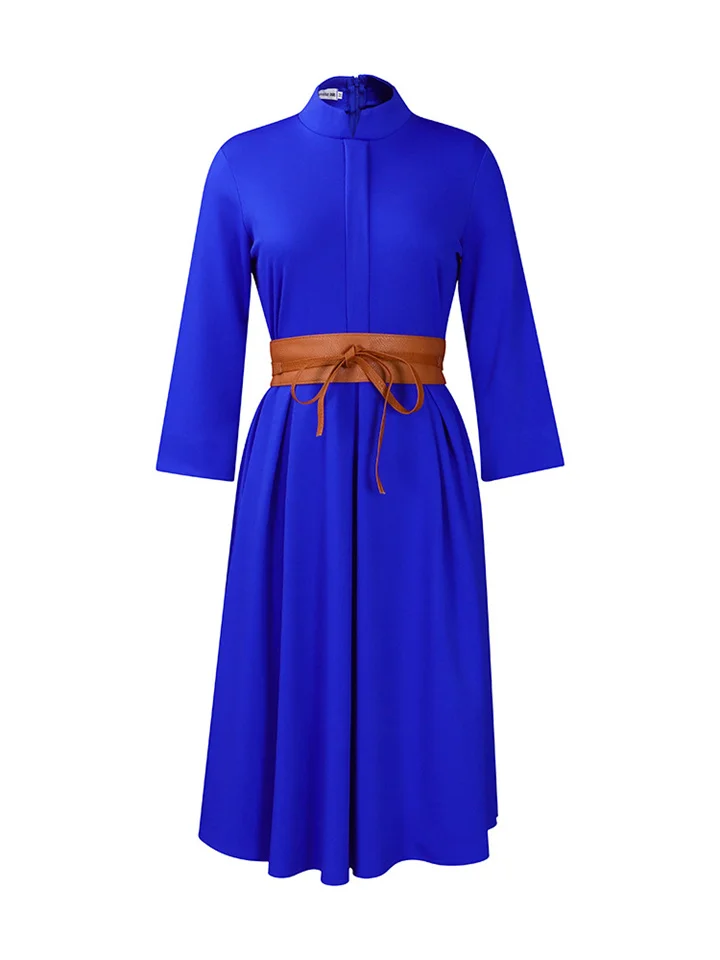 New Solid Color Temperament Elegant Fashion Tongle High Waist Belt Big Yards Nine-minute Sleeve Stand-up Collar Dresses