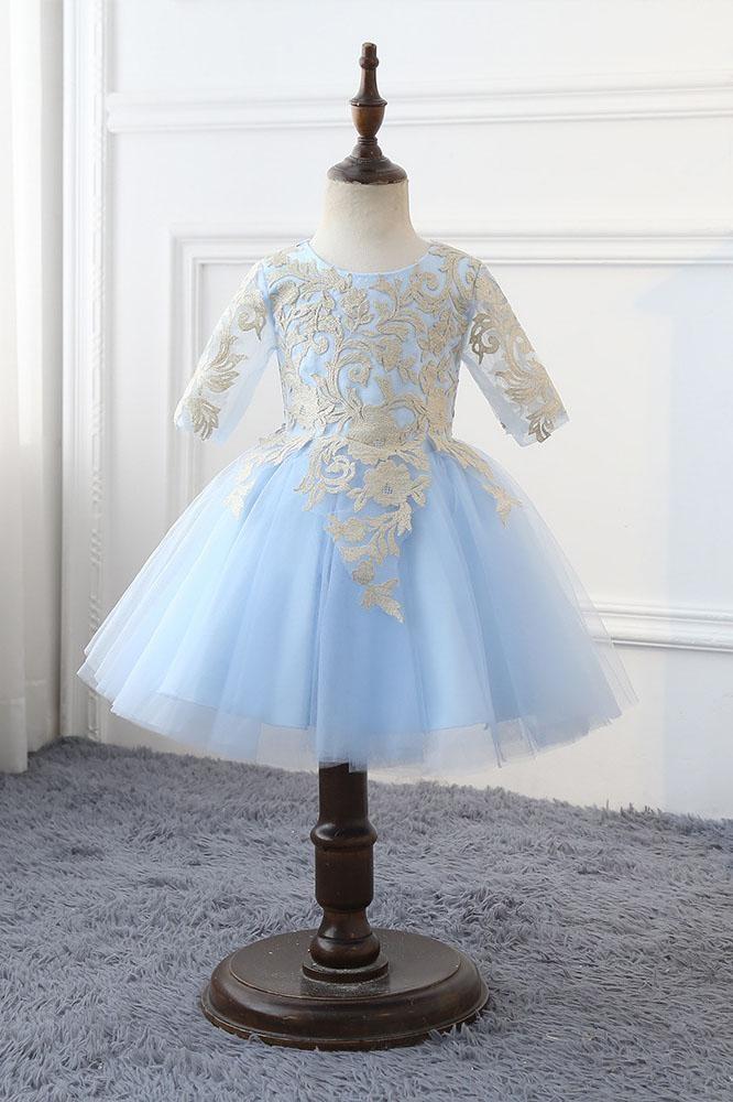 Oknass Light Blue Scoop Neck 1/2 Sleeves Ball Gown Flower Girls Dress