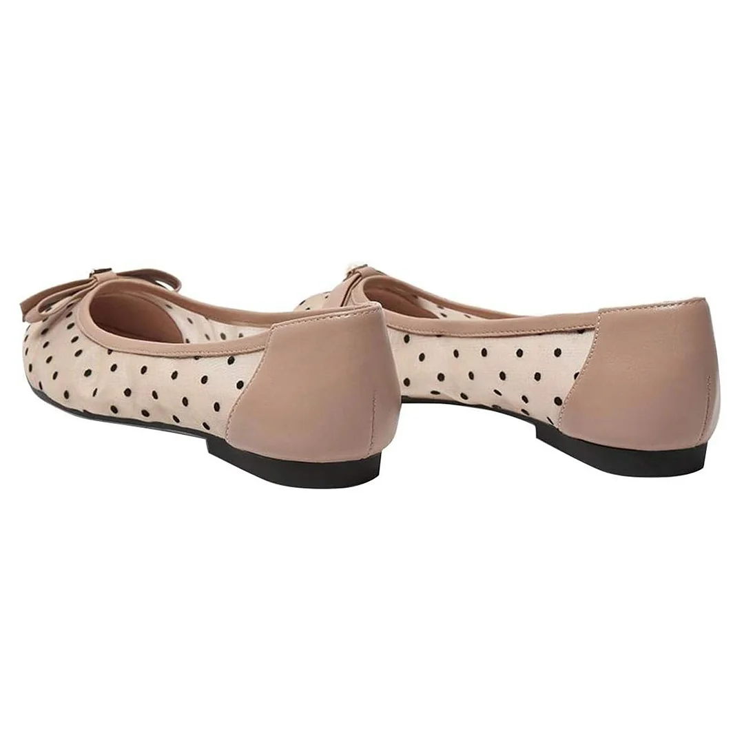 Mesh Round Toe Polka Dot Pearl Bow Flat Shoes for Women in Nude