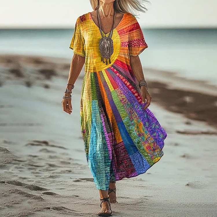Vintage Colorful Sun Collage Art Pattern Linen Blend  V-neck Loose Midi Dress