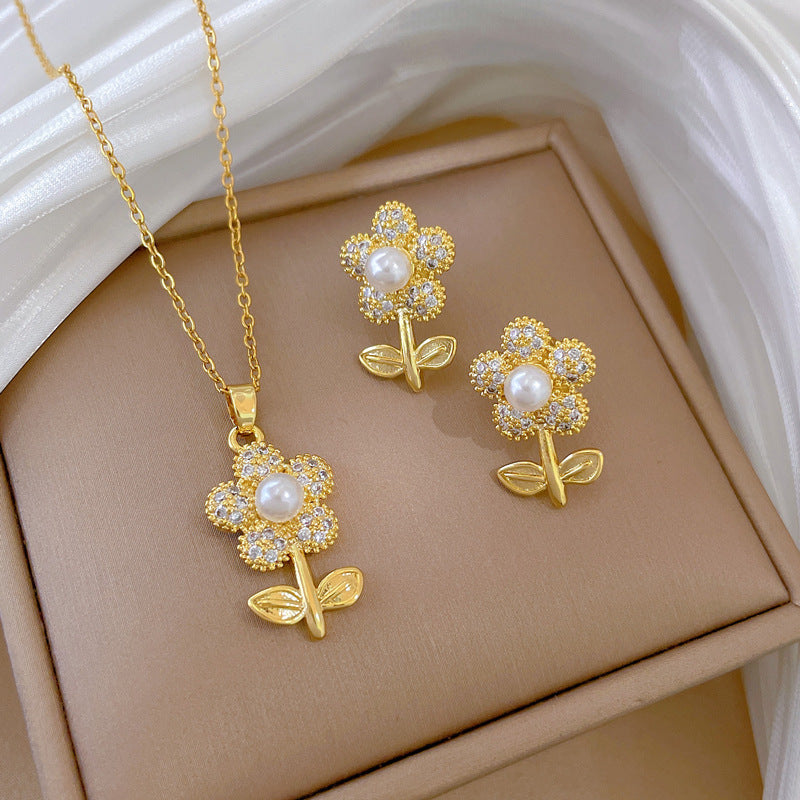Necklace Earring Set Full Of Diamond Leaves And Flowers Personalized Banquet Earrings And Pendant Set
