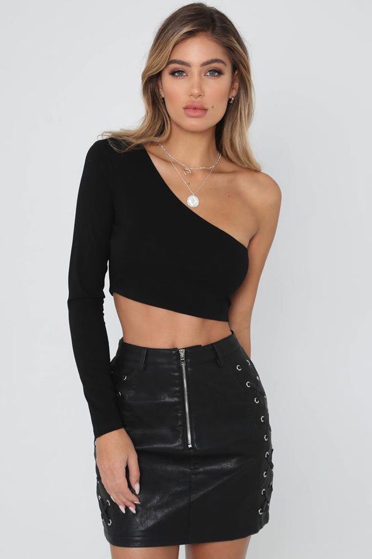 Chic Long Sleeve One Shoulder Cropped Beach Top-elleschic