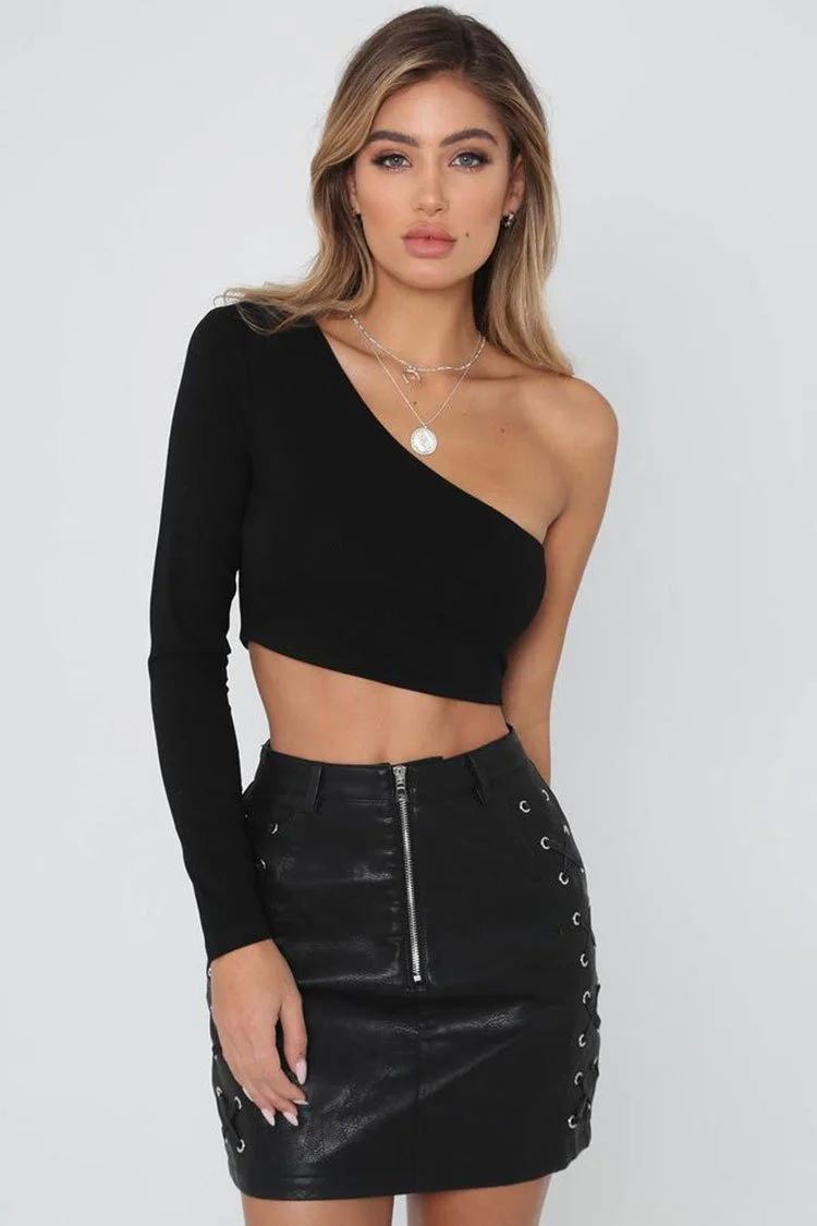 Chic Long Sleeve One Shoulder Cropped Beach Top-elleschic