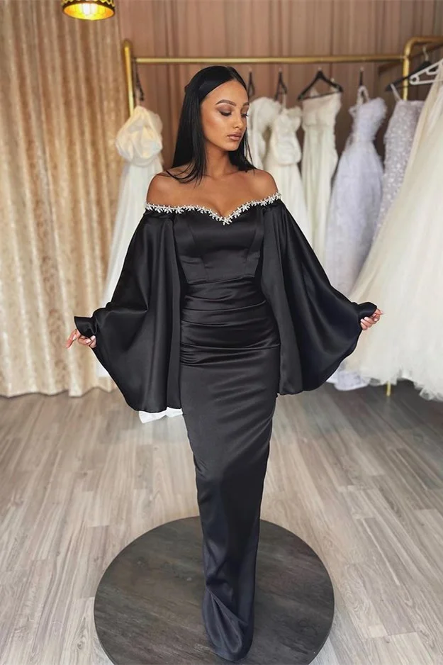 Off the Shoulder Long Sleeves Pleated Long Prom Dress With Beading ED0564